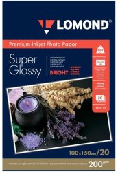 Фотобумага Lomond 1101113 A6, 200 гр/м2, 20 листов, суперглянцевая микропористая ярко-белая, для струйной печати