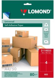 Самоклеящаяся красная бумага для этикеток Lomond Address Label Red Universal A4, 80 гр/м2, 4 деления, 50 листов (2110025)