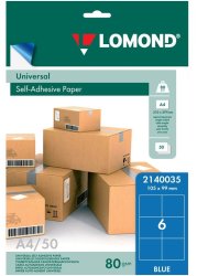 Самоклеящаяся голубая бумага для этикеток Lomond Address Label Light Blue Universal A4, 80 гр/м2, 6 делений, 50 листов (2140035)
